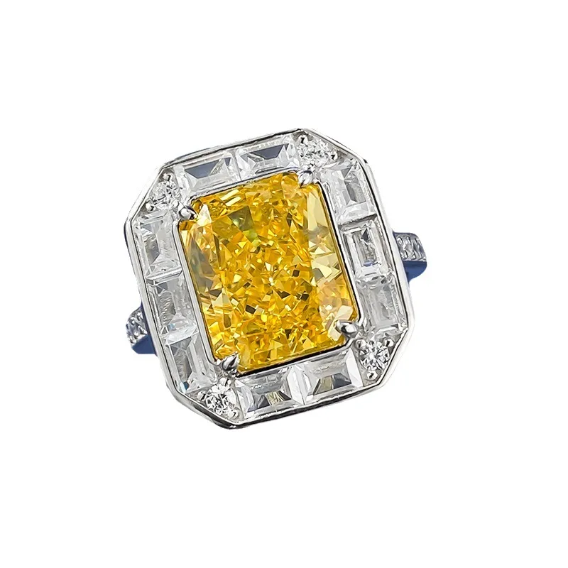 2023 New 925 Silver 4 Carat Colorful Yellow Ice Flower Cut 8 * 10 High Carbon Diamond Versatile Ring