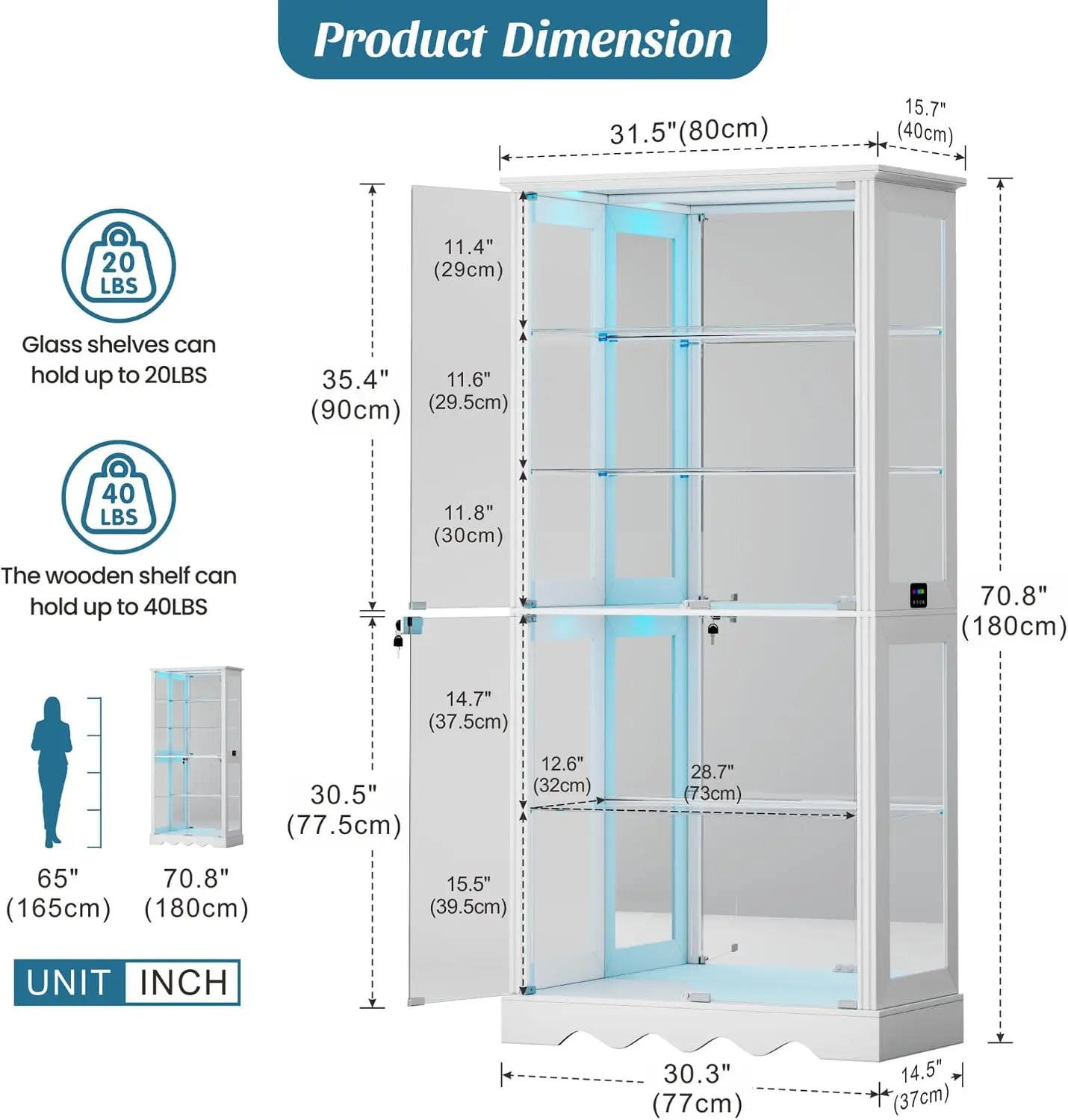 Display Cabinet with Glass Doors, RGB Lights for Collectibles | 71'' Tall with Adjustable Shelves, Human Sensor LED Lighting Cur