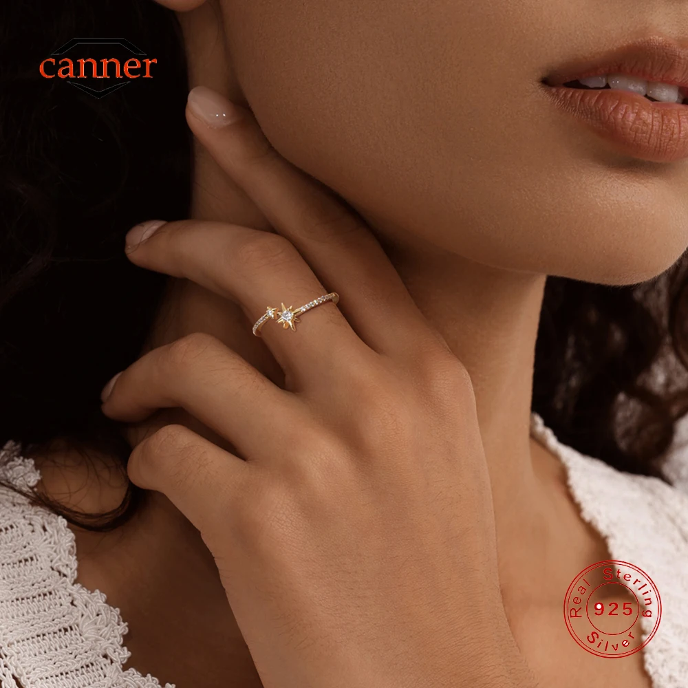 

CANNER 925 Sterling Silver Octagonal Star Moon Element Zircon Open Adjustable Ring For Women Ins Simple Ring Fine Jewelry Gift