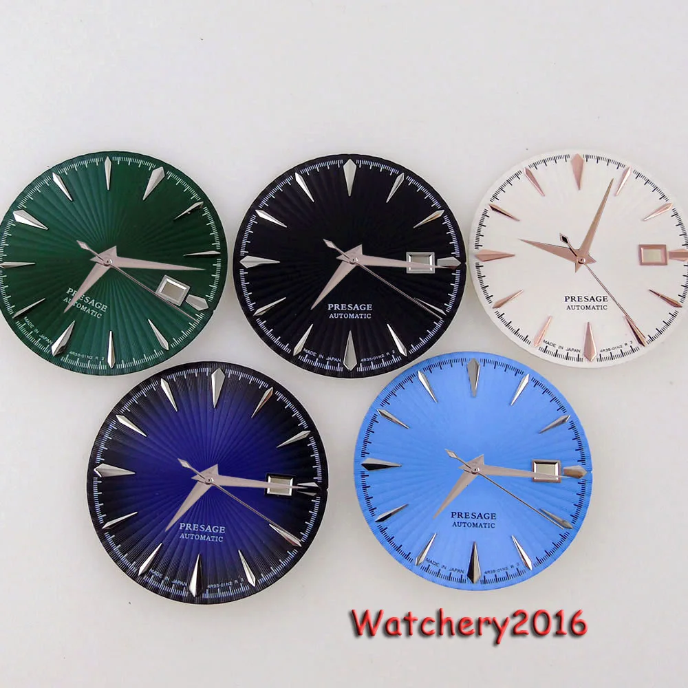 

35mm Watch Dial Blue Black Green White Date Window Fit NH35 NH36 7S26 Automatic watch For Men Silver Marks