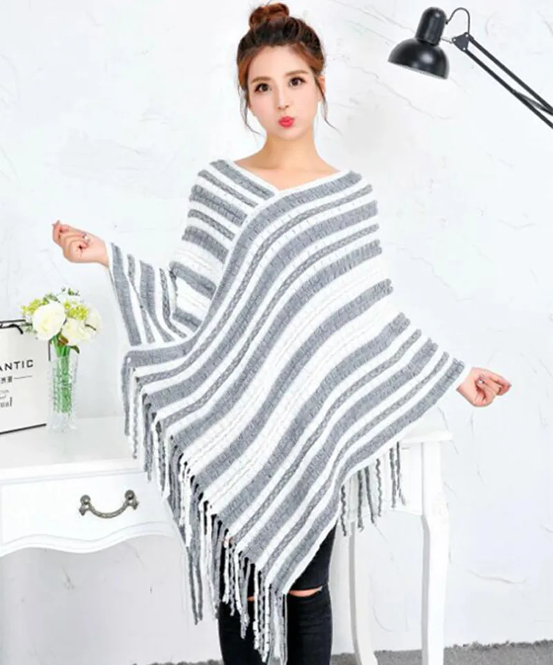 

Knitted Cape Shawl Color Matching Spring Autumn Tassel Pullover Shawl Woman Poncho Leisure Fashion Air Conditioning Room Warmth