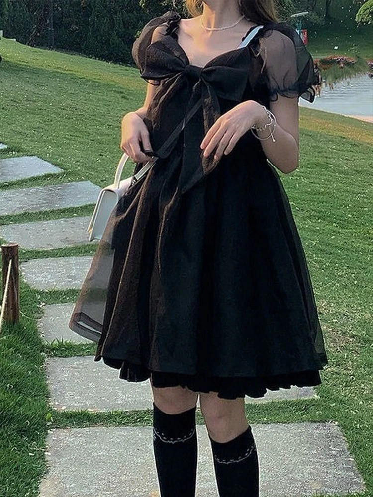 Vestido de hada Kawaii de malla para mujer, Vestido corto de Lolita con mangas abullonadas, volantes, Estilo Vintage, elegante, 2023