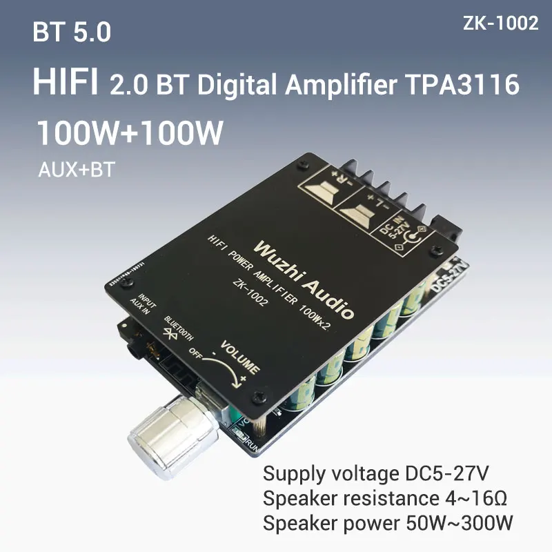 ZK-1002 100WX2 HIFI level high power 2.0 stereo bluetooth digital amplifier board TPA3116