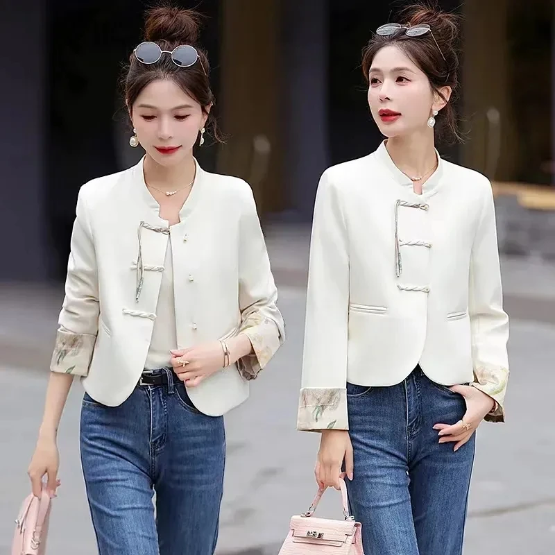 

Women New Chinese Casual Printed Button Up Jacket Spring Small Fragrant Style, Age Reducing Temperament, Small Stature Short Top