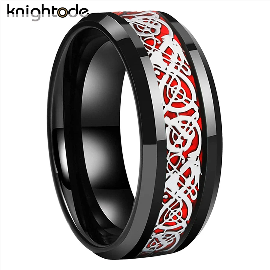 8mm Trendy Tungsten Ring Silvery Dragon Red Opal Inlay For Men Women Wedding Band Beveled Edges Polished Dropshipping