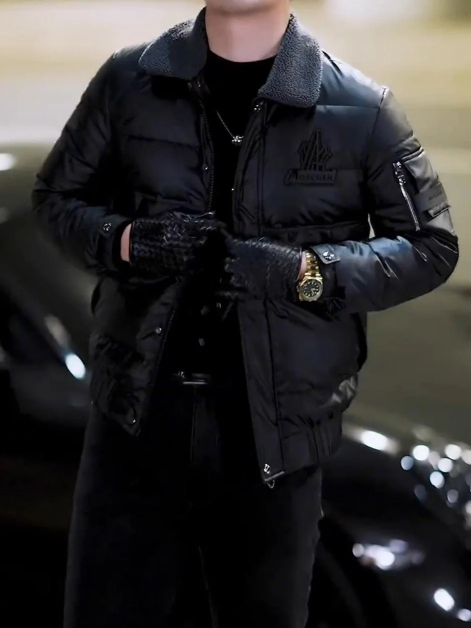 

Новая зимняя мужская приталенная куртка-пуховик из хлопка, модная повседневная теплая верхняя одежда с меховым воротником, воротником-стойкой и длинными рукавами