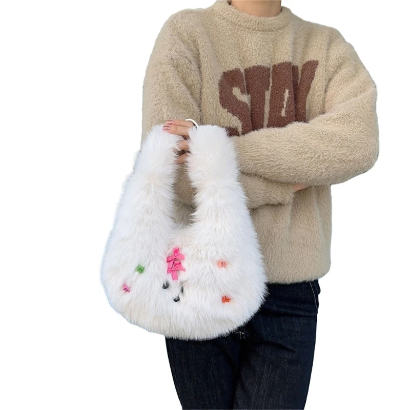 Cartoon Plush Underarm Bag Ladies Handbag Plush Shoulder Bag Clutch Purse Shopping Dating Bag School Bag for Girl