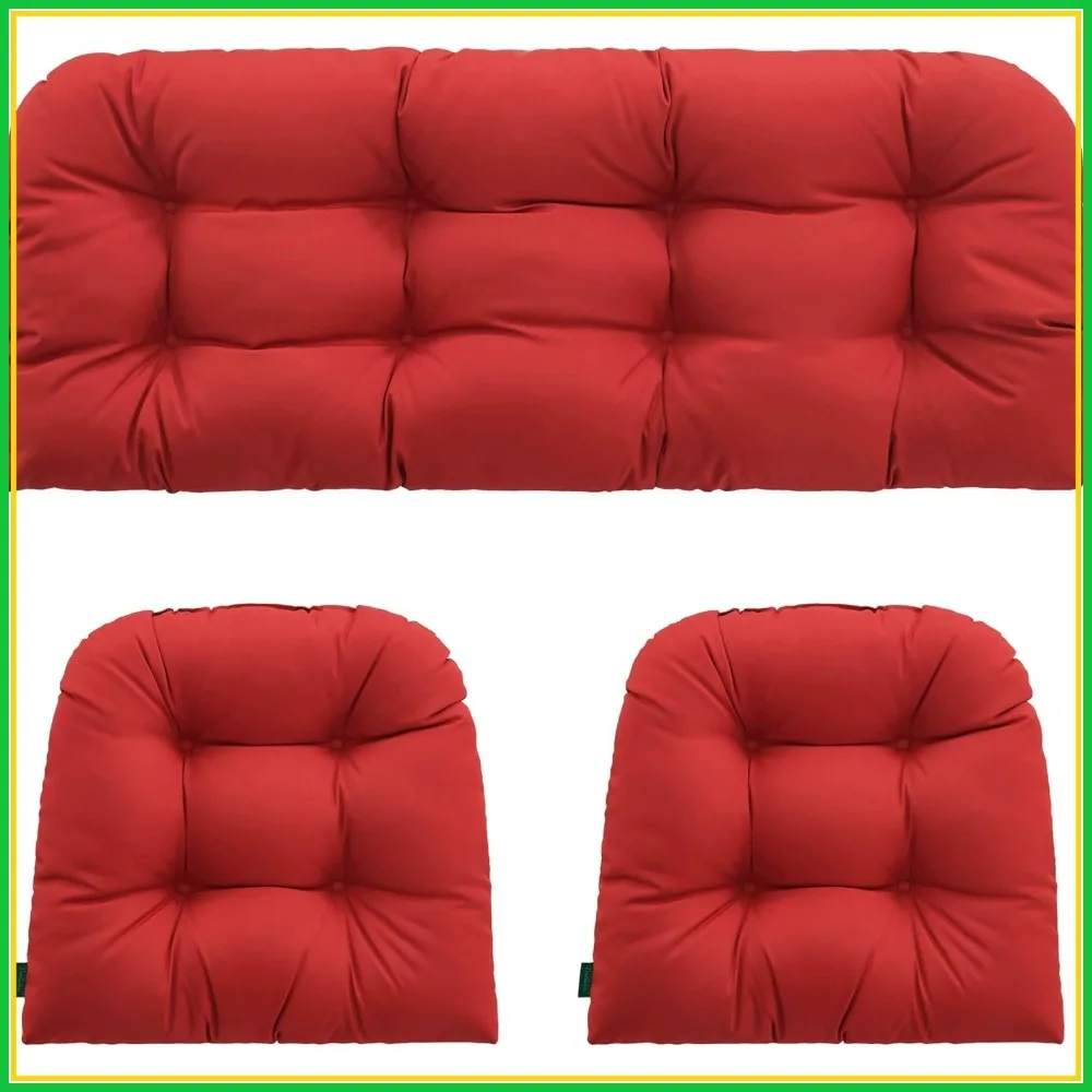 3-Piece All-Weather Wicker Chair Cushions Set: 1 Loveseat & 2 U-Shape Waterproof Patio Cushions, Red