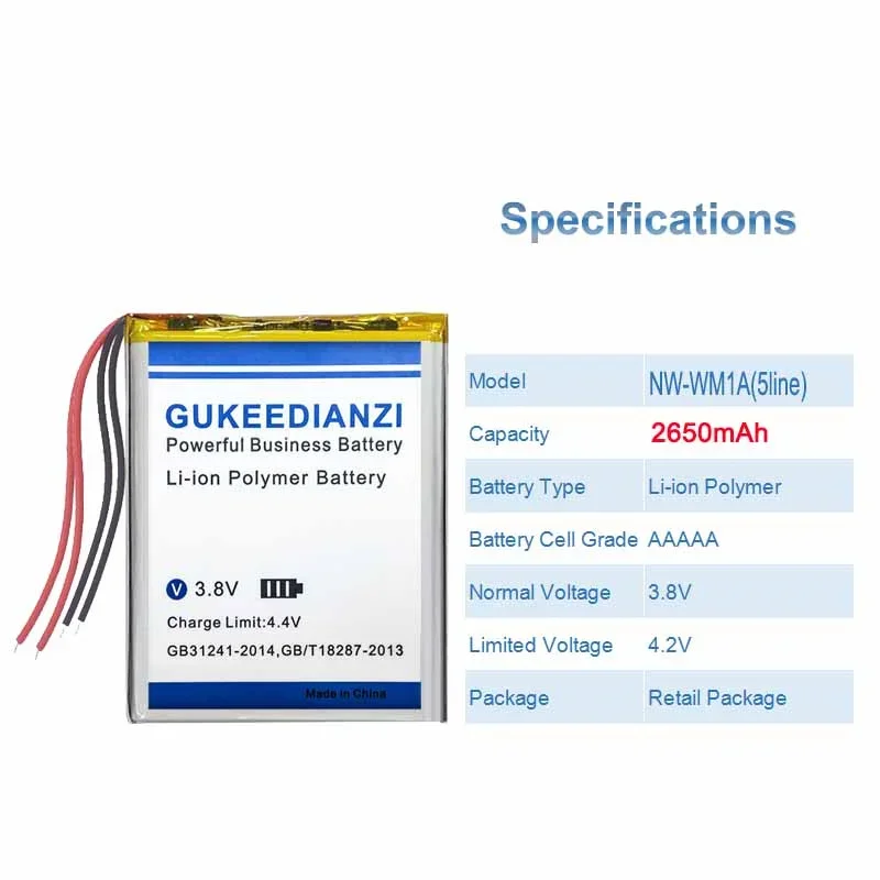 Gukeedianzi-Batterie für Sony für Walkman NW-WM1A NW-WM1Z-Player, 5-Draht-Batterien, große Batterie, kostenlose Werkzeuge, 2650mAh