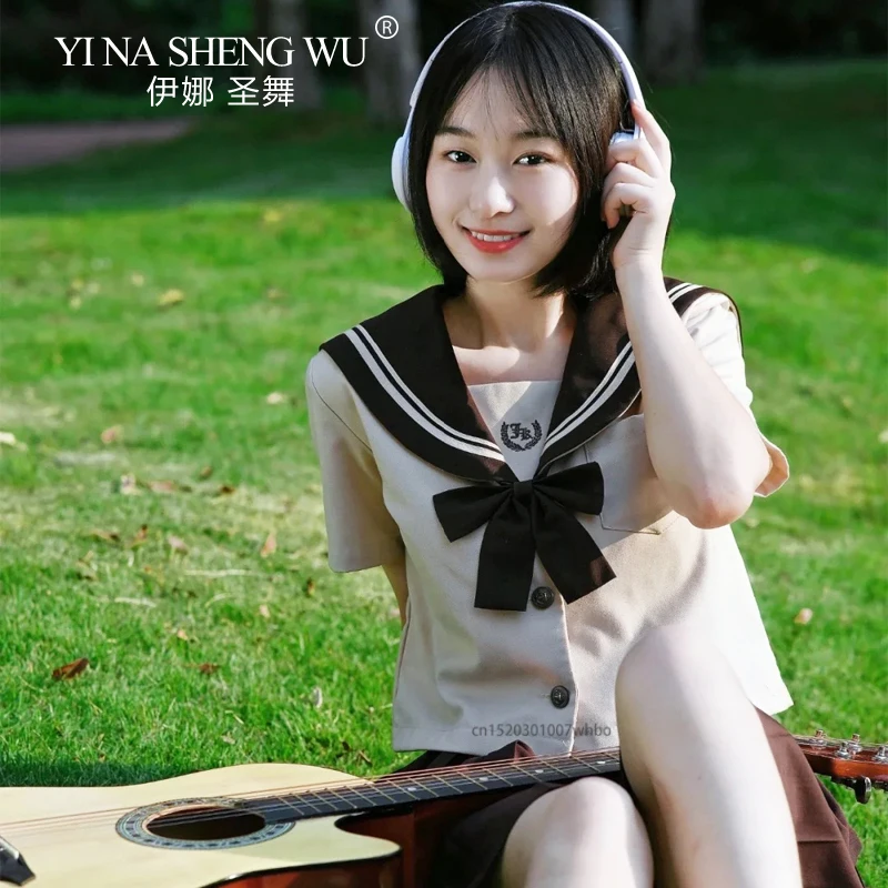 JK Uniform Pleated Skirt Khaki Long Sleeved Pleated Skirt College Style Japanese Short Sleeved Top Women Cosplay Sailor Clothing