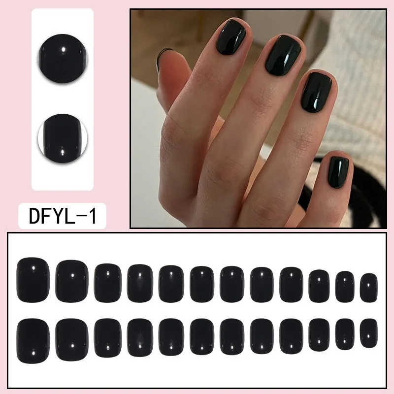 طقم مانيكير قصير أسود نقي على الأظافر 24 قطعة مع علامات تبويب غراء هدية للنساء طقم أظافر للعمل اليومي يدوم طويلاً #2