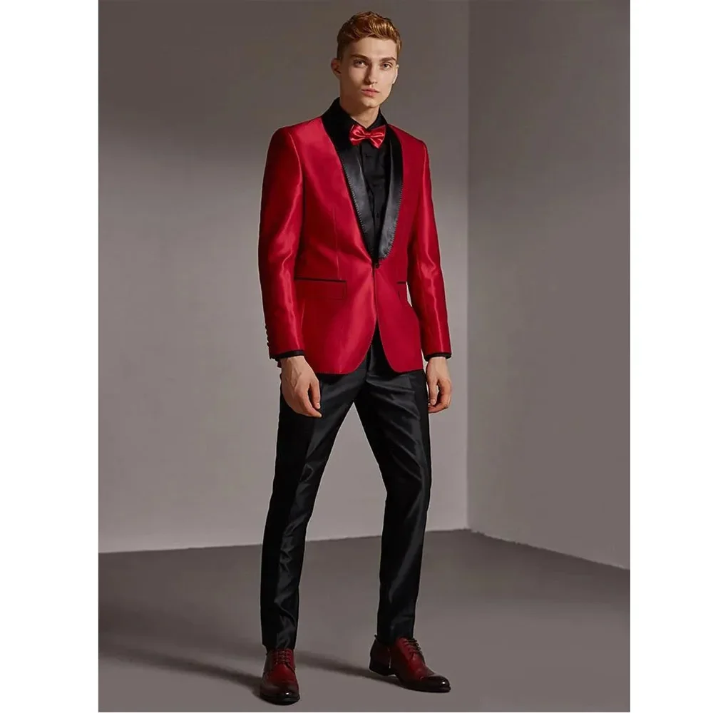 Formal Men Suits Red Blazer Black Pants 2 Piece Handsome Male Clothing Prom Party Luxury Wedding Outfits Bespoke Costume