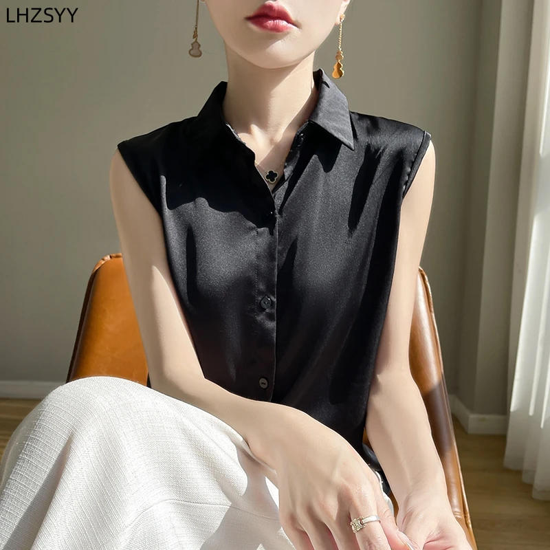 LHZSYY Satin Silk Shirt Ladies Lapel Sleeveless Jackets Tops 2024 New POLO Neck Cardigan Summer Joker T-Shirt With Shirt Inside