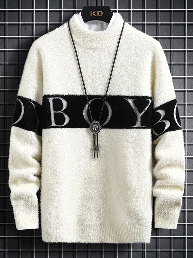 Autumn Winter Men's White Gray Mink Velvet Pullover Sweater Warm Soft Comfortable Black Blue Letter Print Inner Layer Sweater