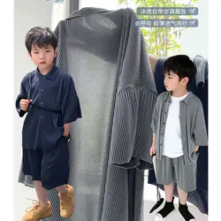 Conjunto de ropa holgada acanalada para adolescentes y niños, camisa y pantalones cortos, 2 piezas, verano, 2023