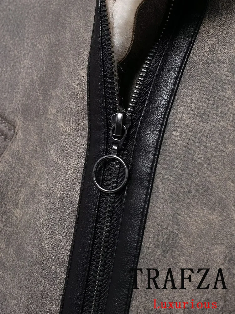 TRAFZA Vintage Chic Women Jackets Patchwork Zipper Pockets Long Sleeve Coats New Fashion 2024 Autumn Winter Office Lady Jackets