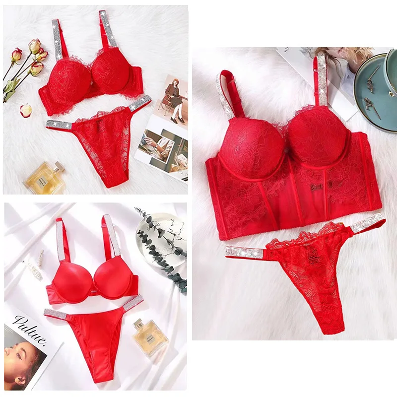 2025 New Style Comfort Briefs Underwear Set Brand Letter   Sexy  Lace Female Intimates  Women Panties Rhinestone Bra Set