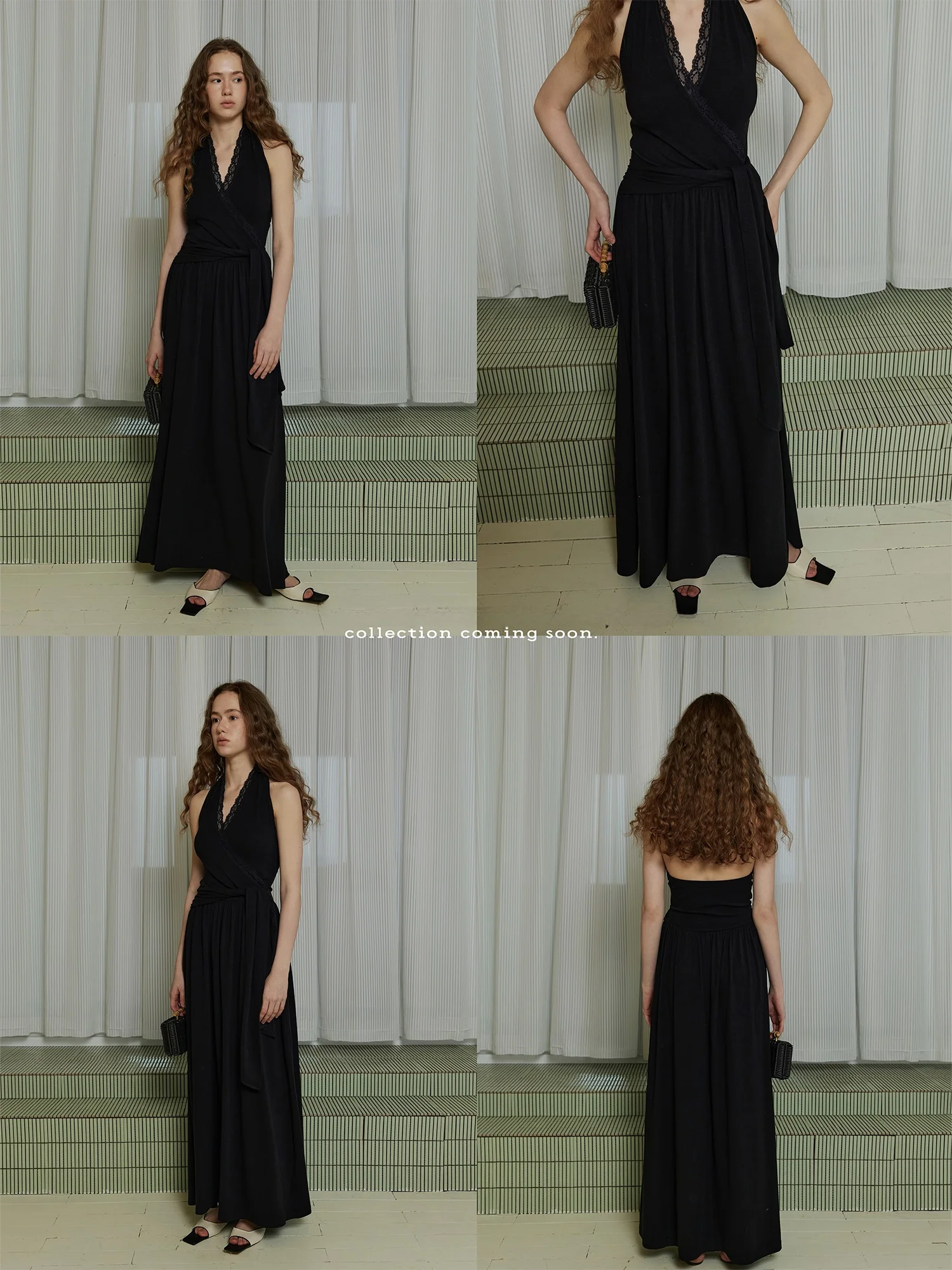 

Платье Miss Zhu с кружевной завязкой на шее, женское универсальное облегающее длинное платье с открытой спиной, во французском стиле, из полиэстера, с V-образным вырезом.