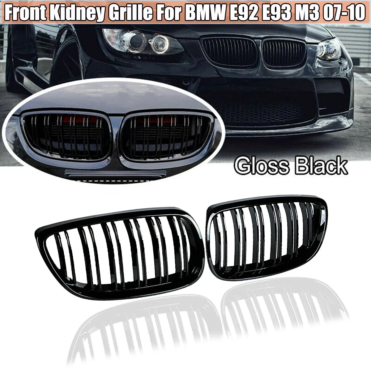 For BMW E92 E93 M3 2006 2007 2008 2009 Front Bumper Kidney Grille 1Pair Glossy Black Car Racing Grill Dual Line Sport Grille