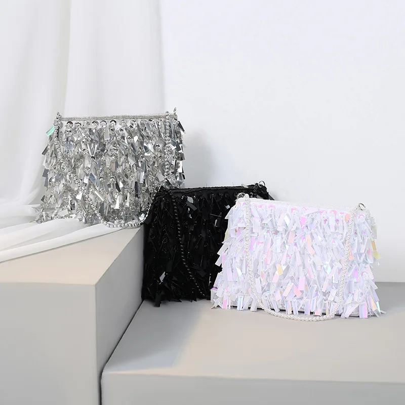 Vintage Silver Hand Beading Sequined Bags Evening Party Clutch Purse Versatile Handbags with Beaded Handle Chain Shoulder Bags