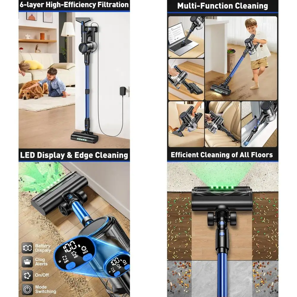 

45KPA 8-in-1 Lightweight Cordless Vacuum Cleaner, 50-Minute Run Time, LED Display, Ideal for Pet Hair, Carpets, and Floors (Blue