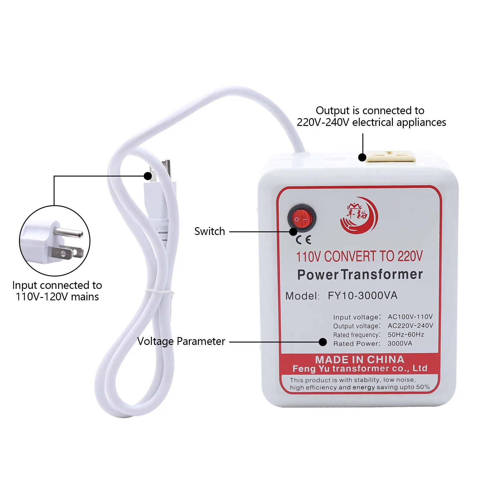 3kW محول الطاقة تصعيد محول جهد كهربي محول 110V-120V إلى 220V-240V 6.3*3.81*7.87 بوصة