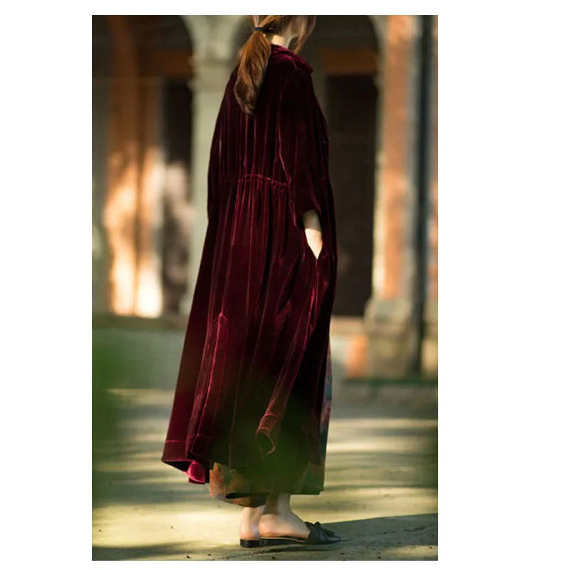 Fengbaoyu Silk Velvet Spring and Autumn Lady's Seven-sleeve Dress Light Extravagant Wine Red Long Skirt Street Women's Clothes