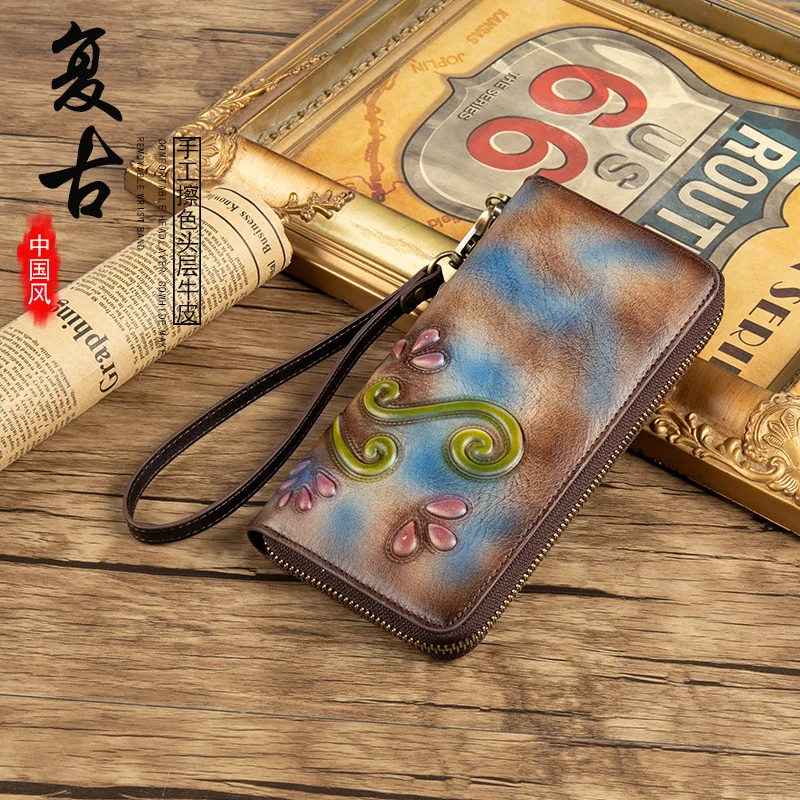 

Leather retro wallet, first layer cowhide hand-held casual zipper bag, multi-card women's wallet, mini fashion, simple and versa