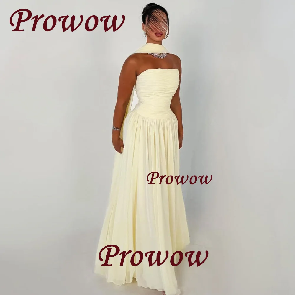 

Prowow Elegant Strapless Yellow Prom Party Dress Pleats Chiffon Floor Length Customized Evening Gown Long فستان بيكو