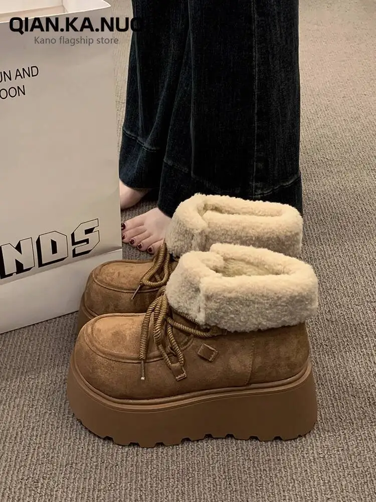 

Retro Short Tube Thick Soled Snow Boots for Women 2025 Winter New Fleece Lined Warmth Heightening Cotton Boots