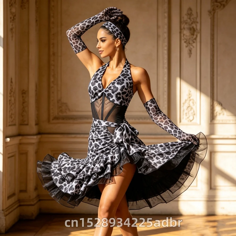 New Latin Dance Dress Female Adult Ballroom Rumba Training Dancewear Sexy Leopard Print Backless Hollow Out Professional Costume