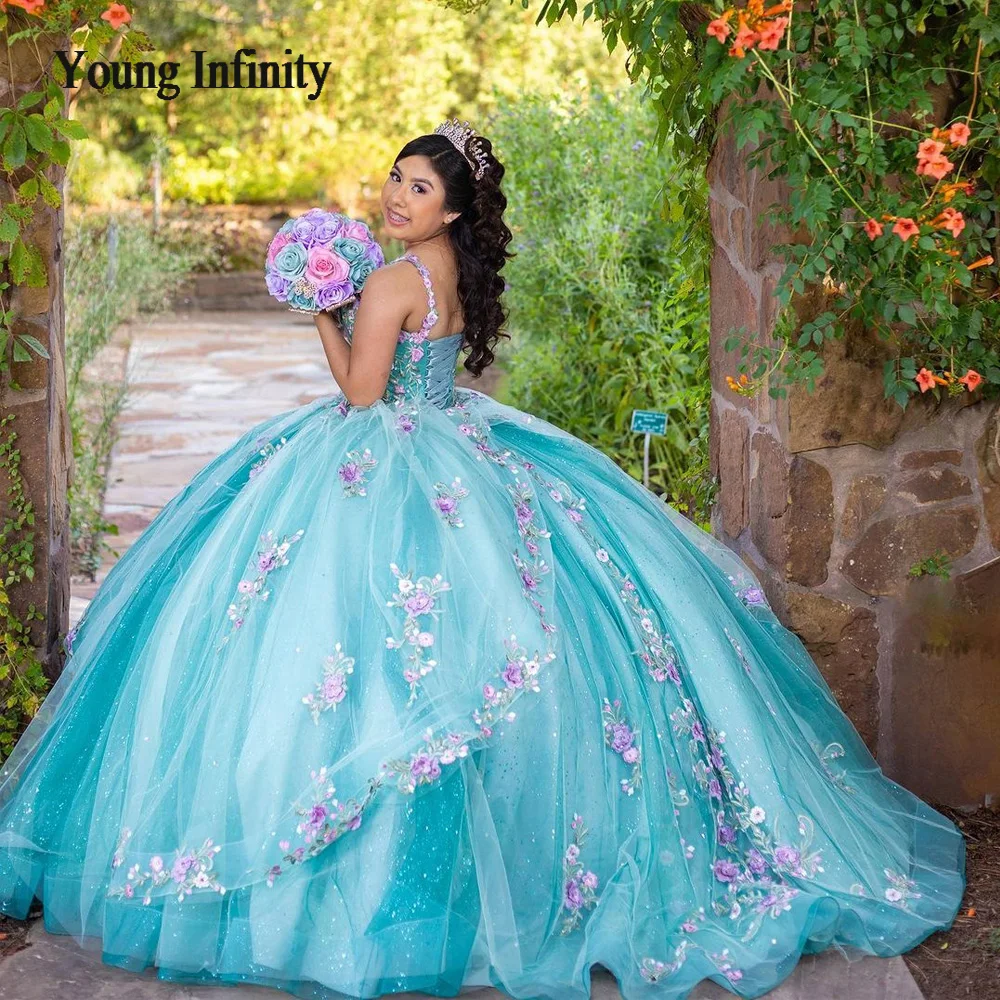 Elegant Light Green Ball Gown Vestidos De 15 Quinceañera Sweet 16 Birthday Gown 3D Floral XV Princess Quinceanera Dresses 2024