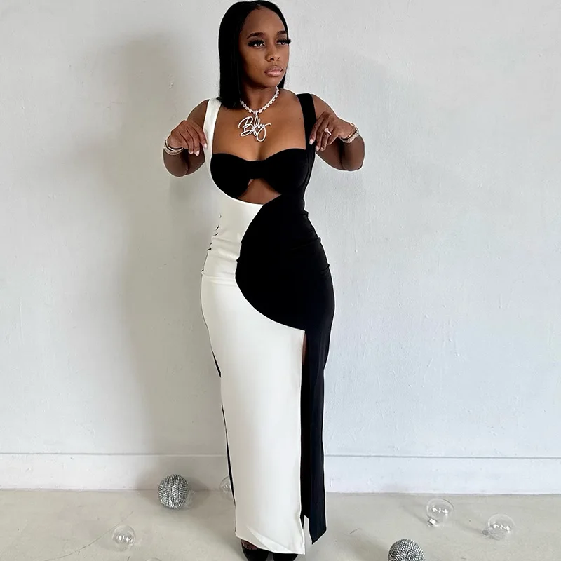 Women\'s Black & White Color Spliced Halter Hollow-Out Chest Wrapped Sleeveless Dress, Split, Backless, Sexy