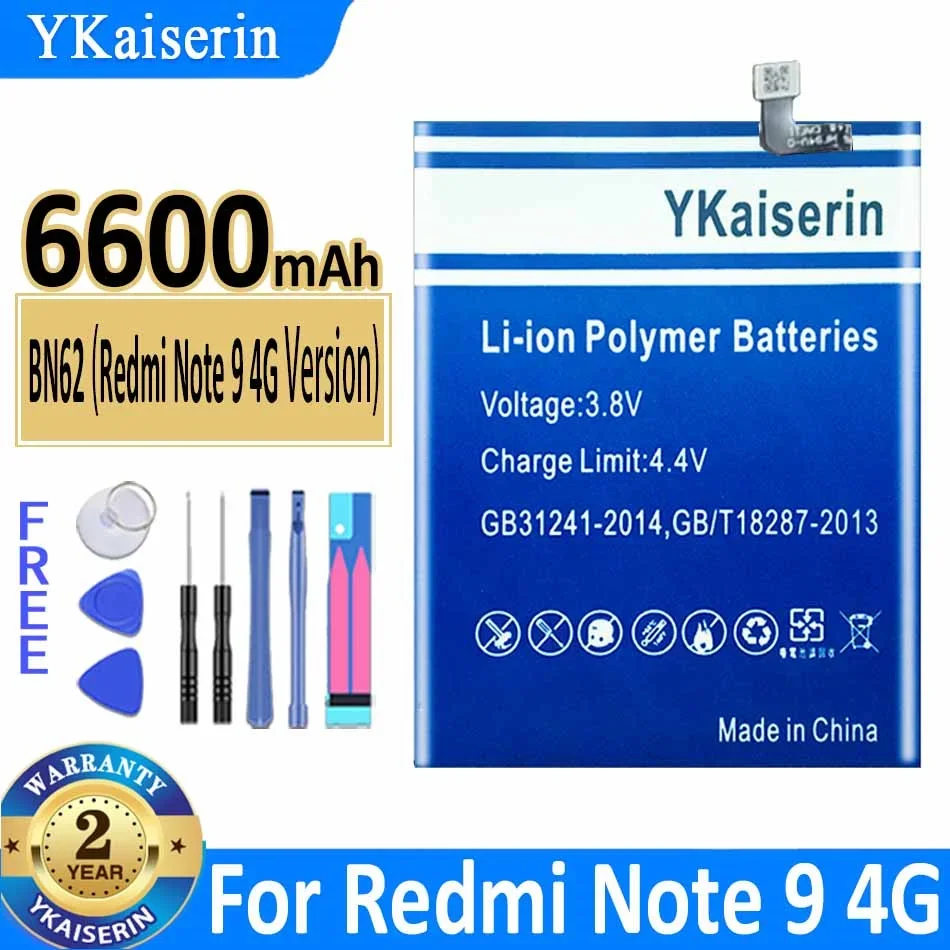 YKaiserin Battery BN54 BN55 BN62 for XIAOMI Hongmi Redmi Note 9 Note9/note 9s/ Note 9 5G /Note 9 4G Li-onPolymer Bateria + Tools