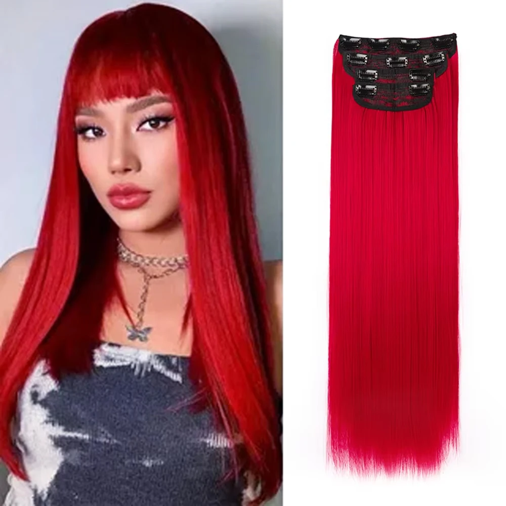 Extensions capillaires synthétiques lisses à clips pour femmes, postiche de 22 pouces, augmente le volume des cheveux, utilisation quotidienne, 4 pièces/ensemble