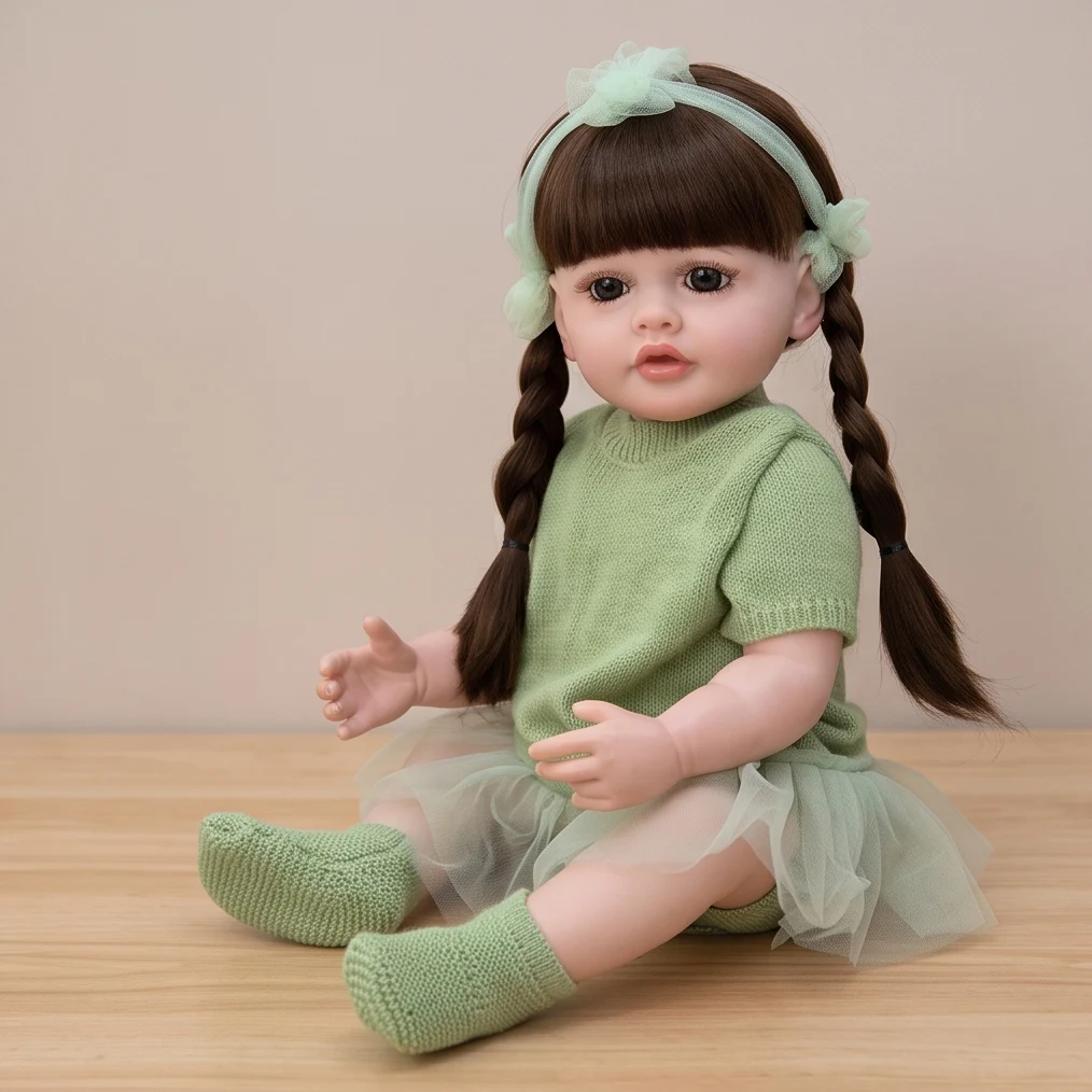 22 Inch Lifelike Reborn Doll Long Hair for Girls Realistic Newborn Soft Vinyl Handmade Toy with Green Outfit And Accessories