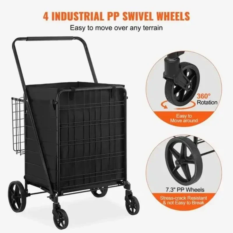 Carrello della spesa pieghevole con rivestimento impermeabile rimovibile, carrello della spesa Jumbo di grande capacità da 330 libbre con doppio cestino, 360 °   Swi
