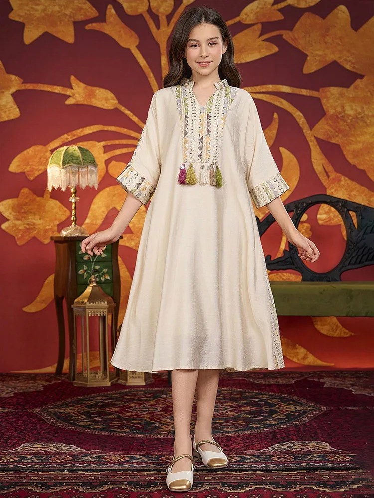 

Morocco Muslim Kids Girls Embroidery Diamonds Abaya Kaftan Islamic Child Clothes Ramadan Jalabiya Arabic Robe Caftan Long Dress