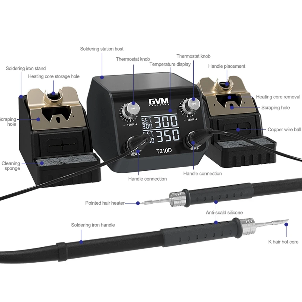 GVM T210D stazione di saldatura doppia intelligente con impugnatura T210/T210 stazione di saldatura elettrica per strumento di riparazione CNC PCB