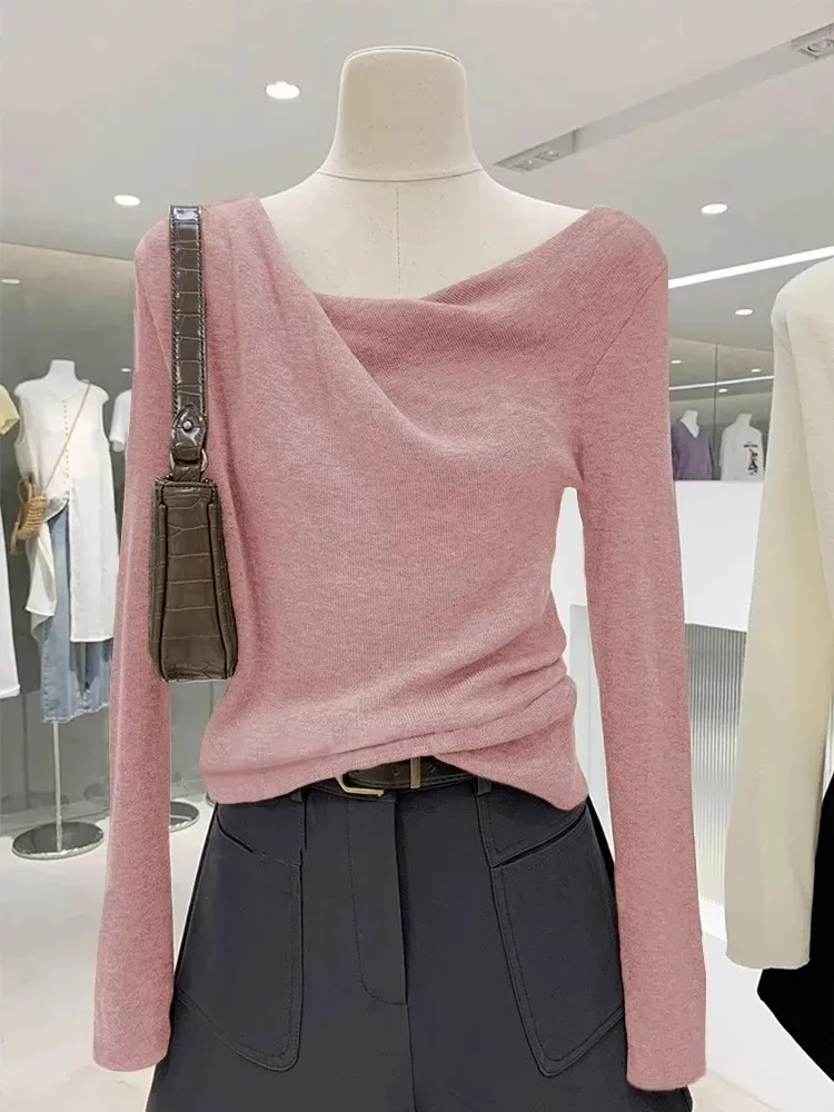 เสื้อไหมพรมถักทรงเข้ารูปสำหรับผู้หญิง คอวี ใส่เป็นเสื้อตัวในหรือเสื้อตัวนอกได้ เหมาะสำหรับฤดูใบไม้ร่วงและฤดูหนาว สไตล์ลำลอง ความยาวปกติ