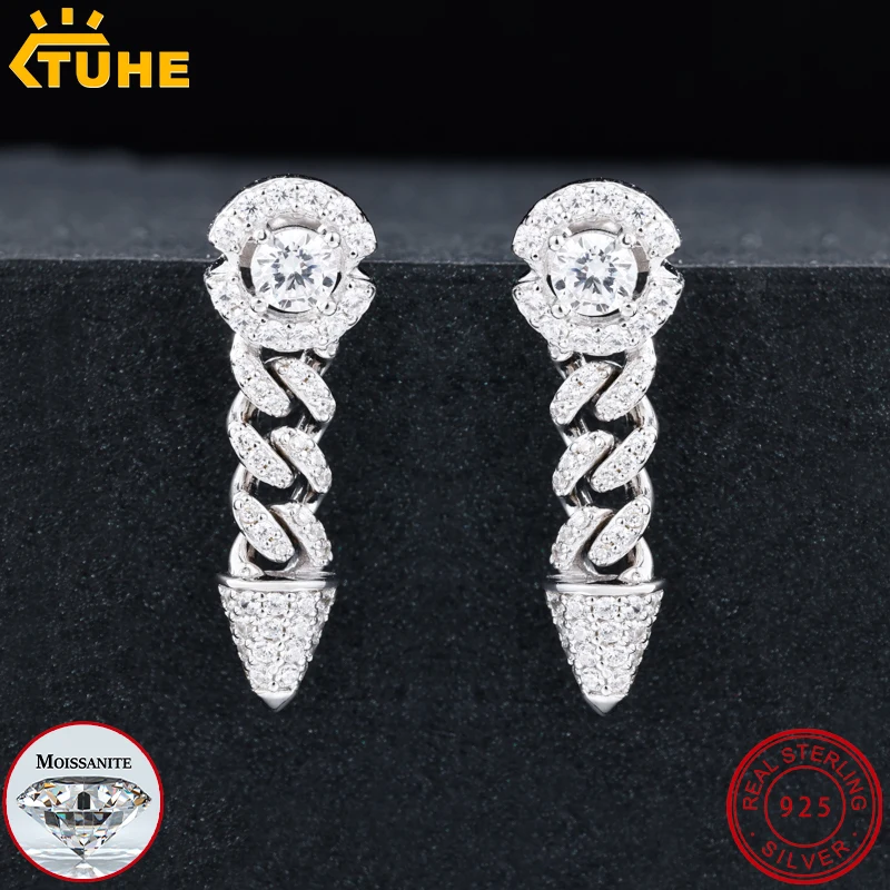 

TUHE Unisex Moissanite Cuban Chain Stud Earrings With Certificate For Men 925 Sterling Silver Iced Out Hip Pop Jewelry