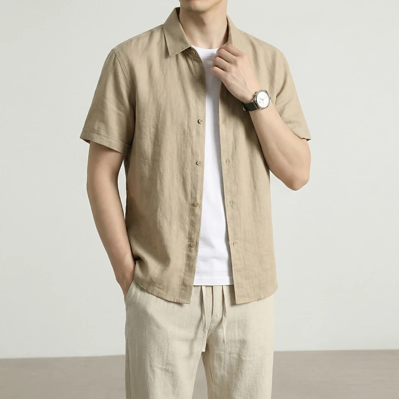 Men's Summer Thin Pure Linen Shirt Short Sleeve Retro Lapel Simple Design Casual Fashion Linen Blend Shirt