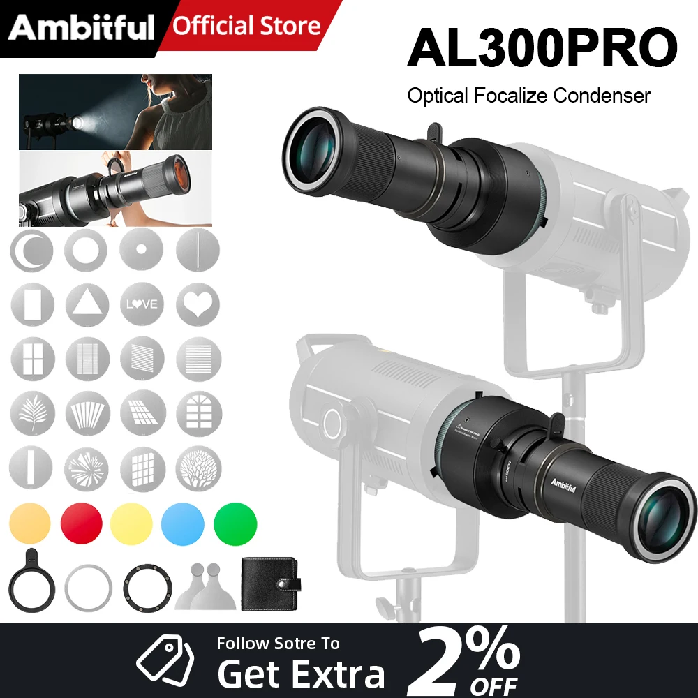 

AMBITFUL AL300PRO Optical Focalize Condenser Lens Bowens Mount Magnetic Ring With Color Gels Filters Styling Slides Shape