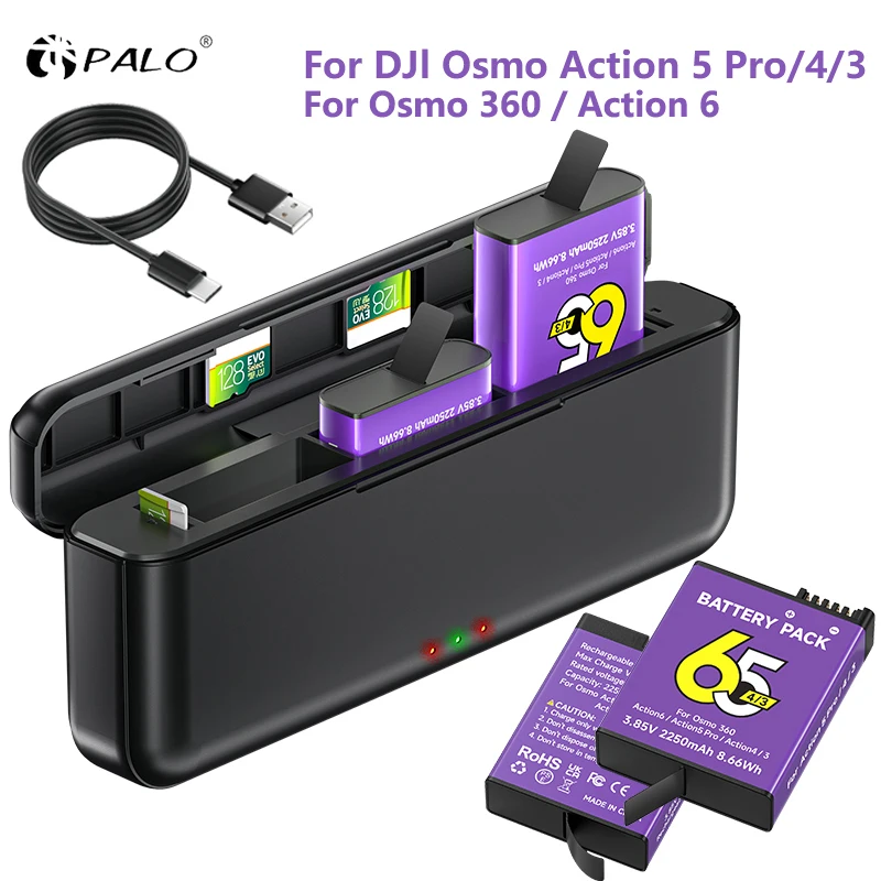 2250mAh For DJI Osmo Action 6/5 Pro Battery + 3-Slot Charger For DJI Osmo Action 5 Pro 4 3 Osmo 360 Sports Camera Accessories