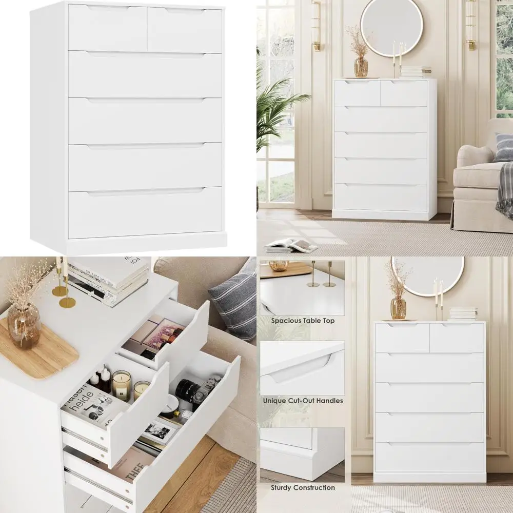 

6-Drawer Tall Chest for Bedroom, Large Wooden Storage Organizer with Cut-Out Design