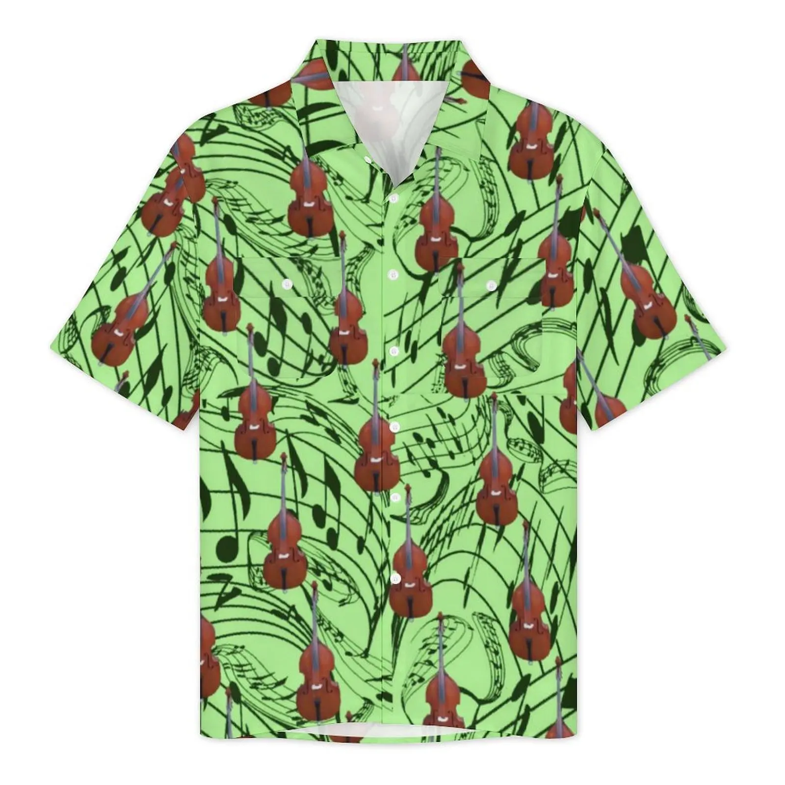 Green Music Notes Vacation Shirt Guitars Print Hawaiian Casual Shirts Men Cool Blouses Short Sleeves Y2K Street Design Clothing