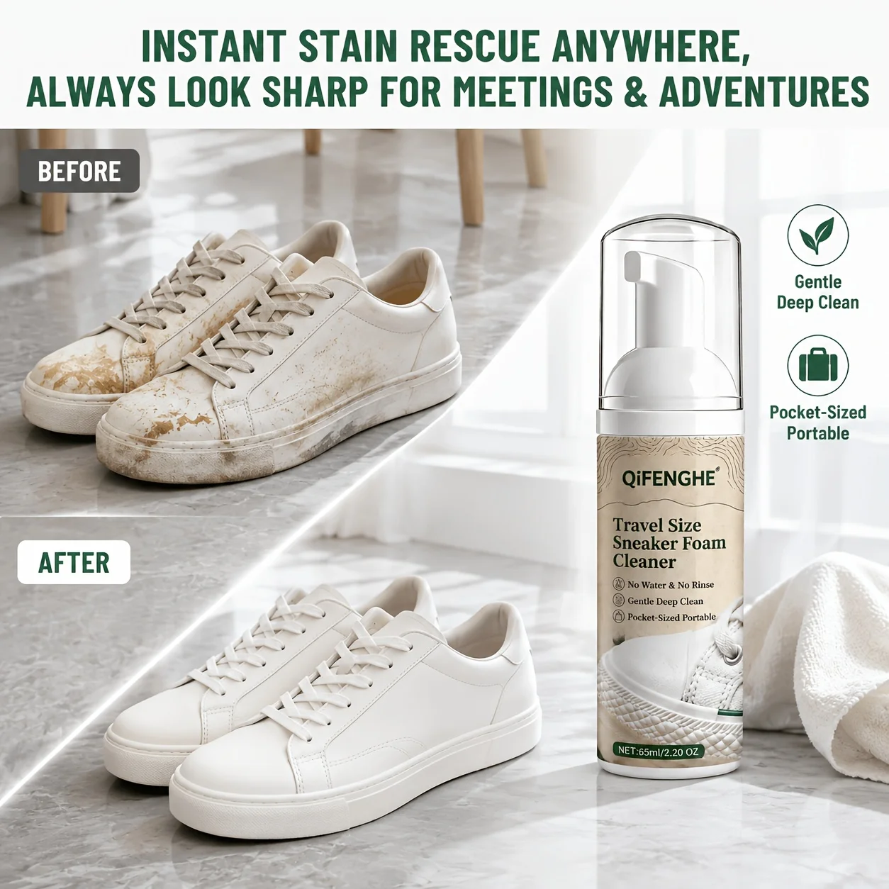 Travel Size Shoes Foam Cleaner 2.20Oz No Water Portable Quick Stain Remover Instant Dirt Removal Image Boost for Sneakers Leathe