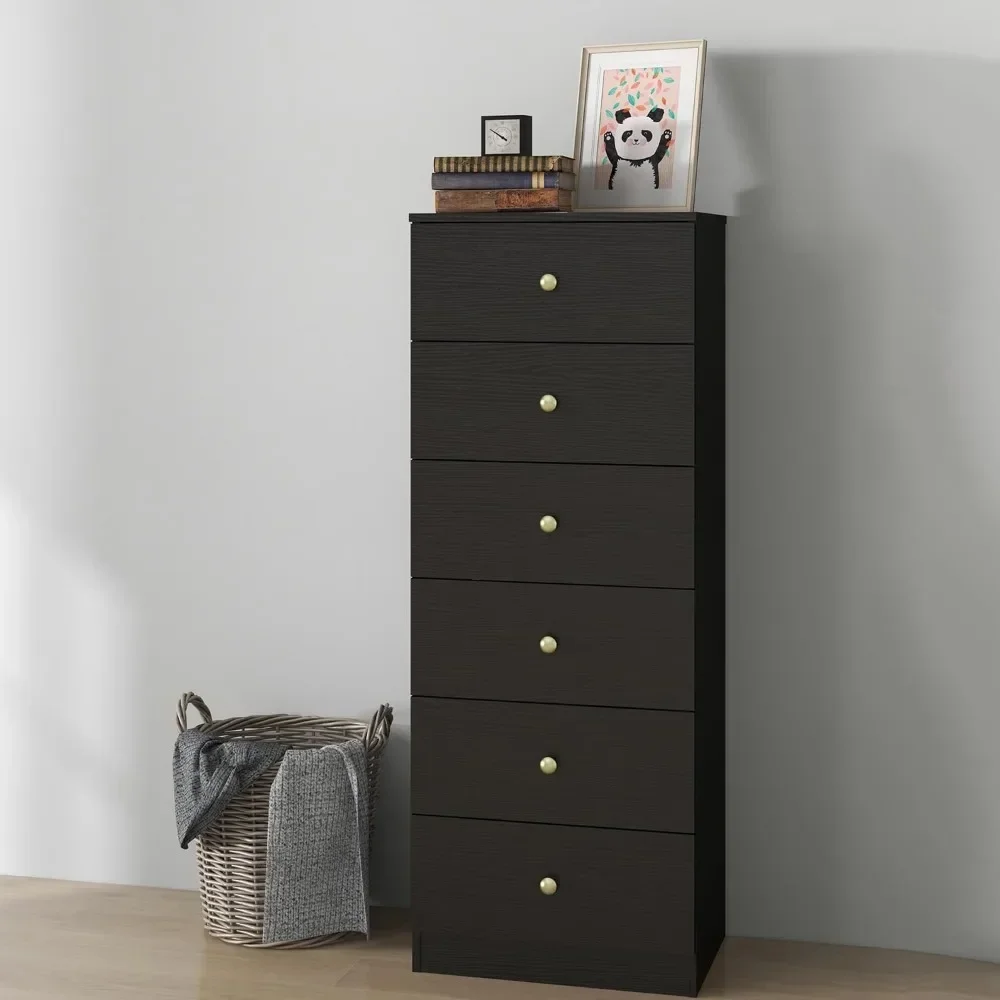 Commode verticale moderne à 6 tiroirs, commode haute en bois, organisateur de rangement en flèche avec tiroirs larges et poignées en métal doré pour
