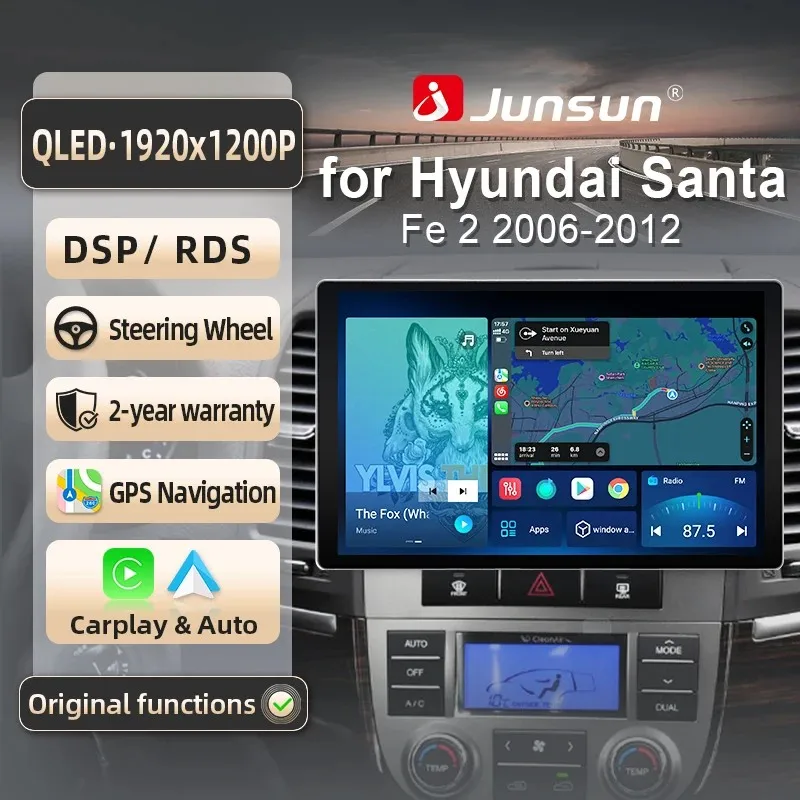 Image of Junsun für Hyundai Santa Fe 2 2006-2012 9 Zoll 4GB 64GB Android 13 Autoradio GPS Navigation Carplay DSP Bluetooth FM Lenkradbedienung Unterstützung USB AUX Eingang Rückfahrkamera Bereit 1080P Video
