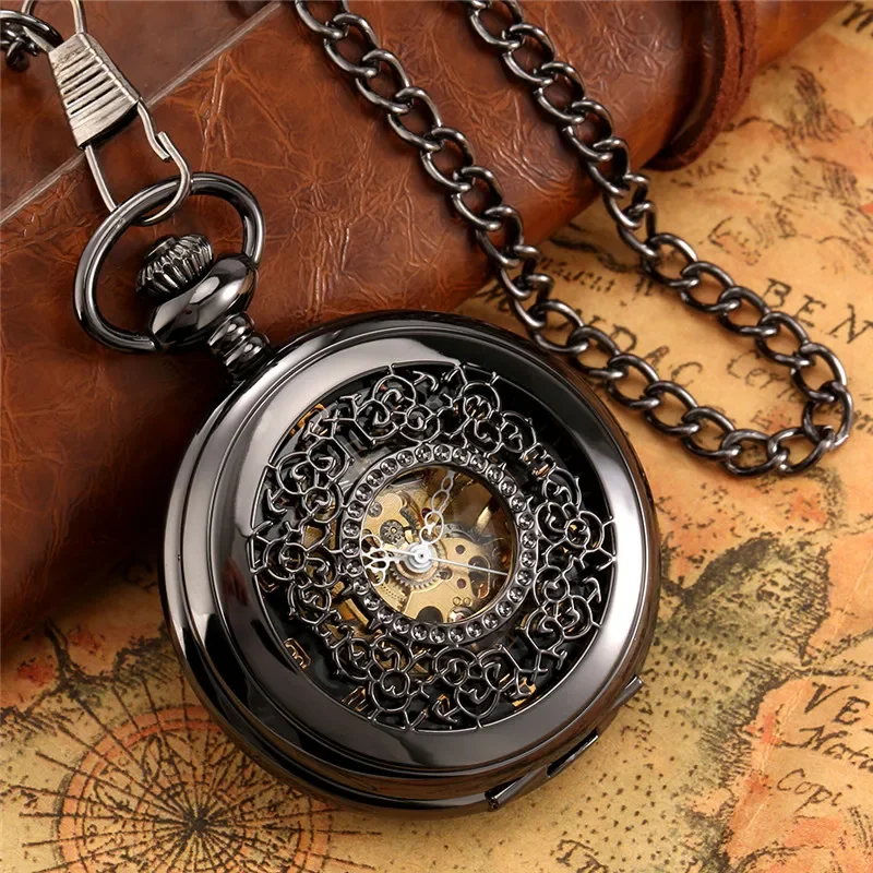 Antique Hollow Out Mechanical Hand Winding Pocket Watch for Men Women Steampunk Half Hunter Clock FOB Pendant Chain Watches Gift